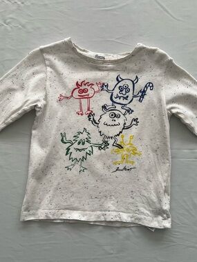 Bonpoint Kids Cream Long-Sleeve Tee with Colorful Monster Print